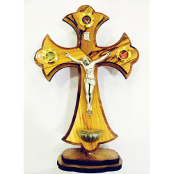 صليب خشب زيتون - مزخرف - جرن مع تراب وورد