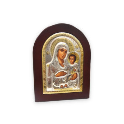 ايقونة العذراء والطفل فضية مذهبة مع قاعدة خشب حجم كبير