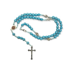 المسبحة الوردية مع قفل لون ازرق مع صلبان حفر