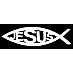 ستيكر سمكة مع كلمة Jesus - ابيض