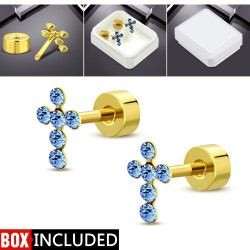 حلق اذان ستانلس ذهبي - صليب مع ستراس ازرق 